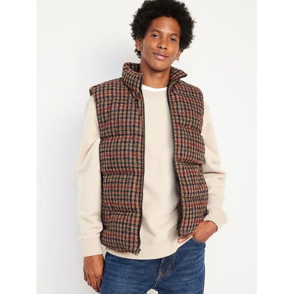 Old Navy Puffer Vest Mens M Tall Plaid Quilted Full Zip Gorpore Fall Layering